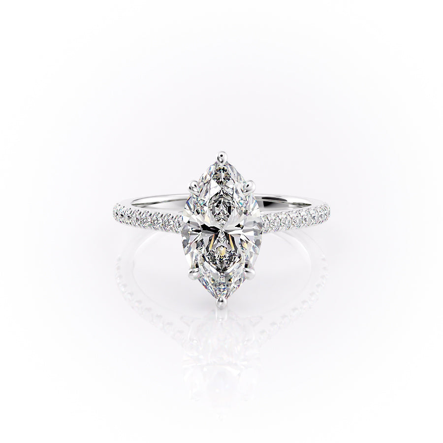 The Pave Natalie. A White Gold Hidden Halo Engagement Ring Set With A 2ct Marquise Lab Grown Diamond. White Background.