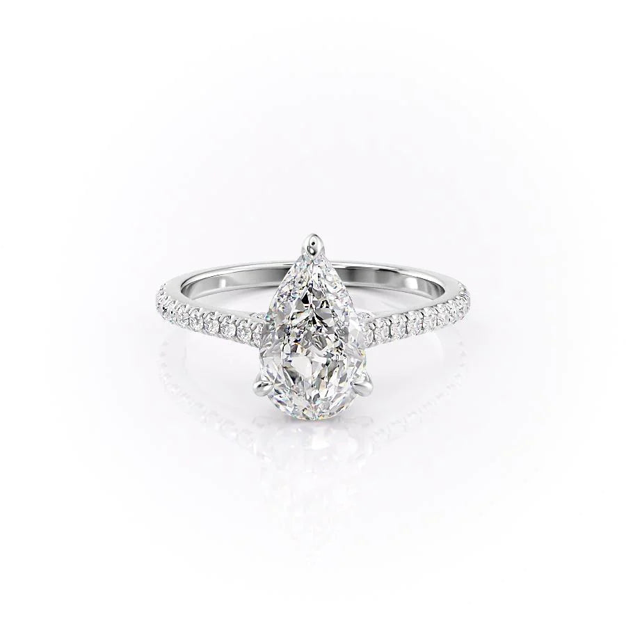 The Pave Natalie. A White Gold Hidden Halo Engagement Ring Set With A 2ct Pear Lab Grown Diamond. White Background.