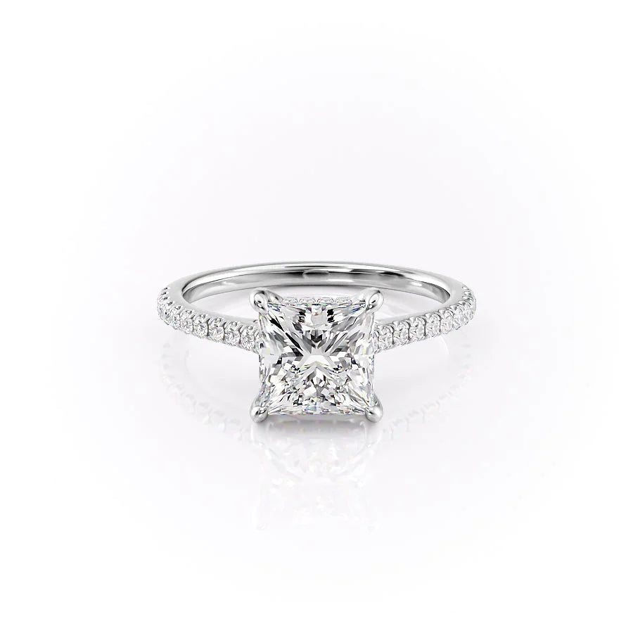 The Pave Natalie. A White Gold Hidden Halo Engagement Ring Set With A 2ct Princess Lab Grown Diamond. White Background.