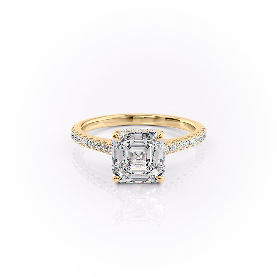 The Pave Natalie. A Yellow Gold Hidden Halo Engagement Ring Set With A 2ct Asscher Lab Grown Diamond. White Background.