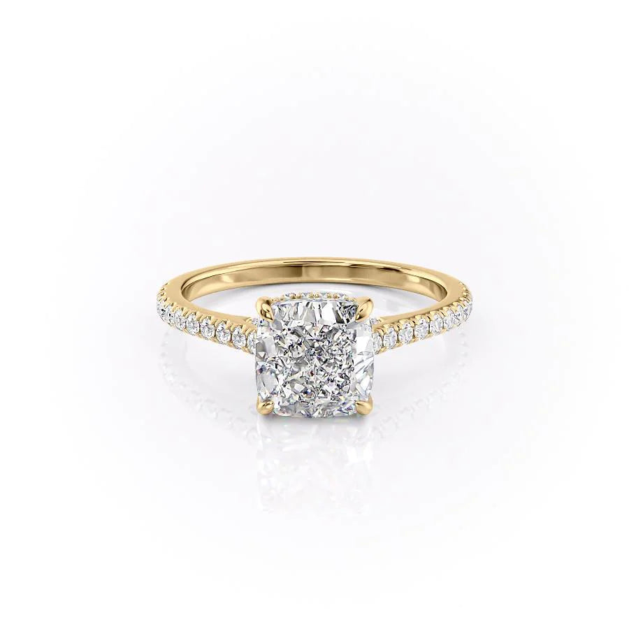 The Pave Natalie. A Yellow Gold Hidden Halo Engagement Ring Set With A 2ct Cushion Lab Grown Diamond. White Background.