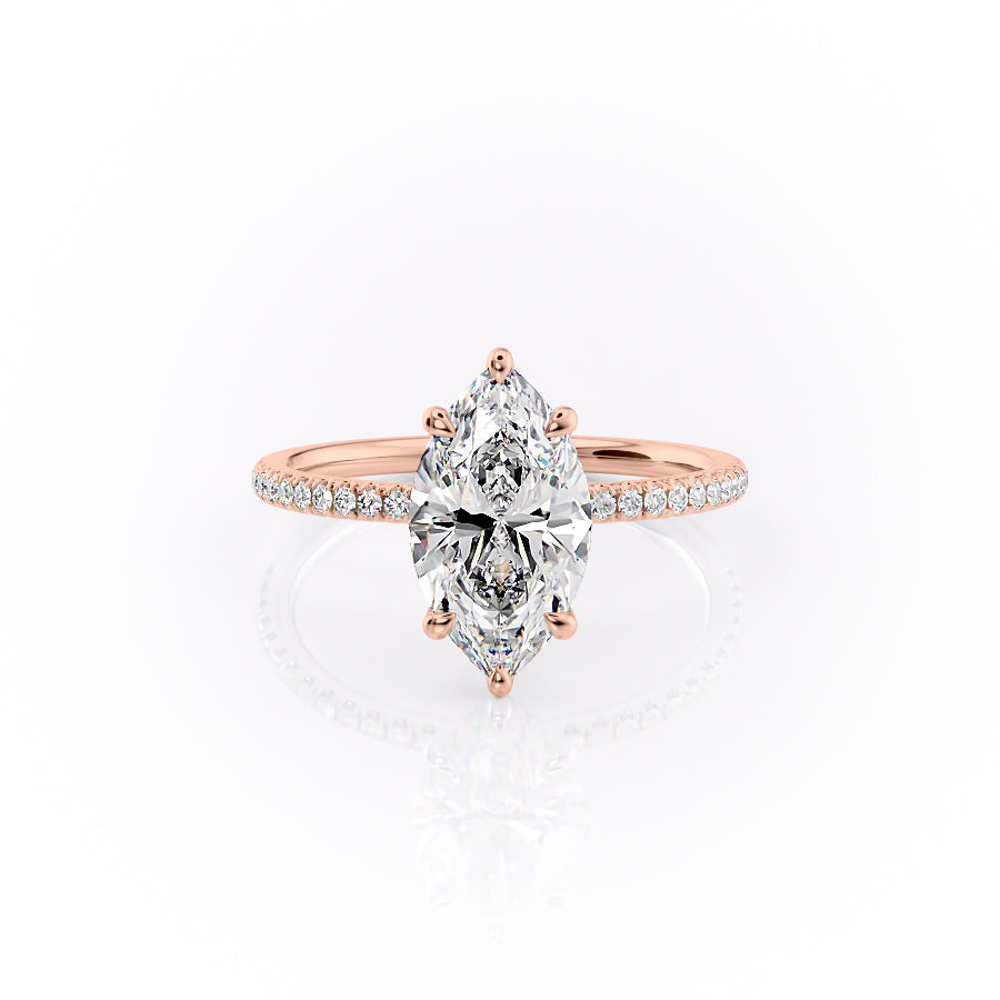 The Pave Nelly. A Rose Gold Hidden Halo Engagement Ring Set With A 2ct Marquise Lab Grown Diamond. White Background.