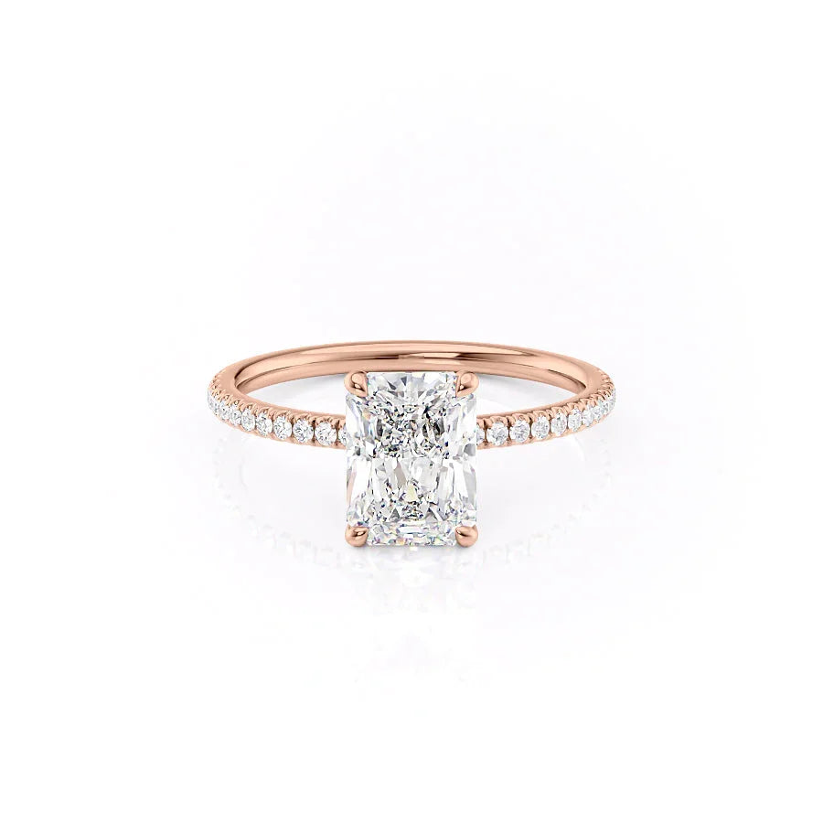 The Pave Nelly. A Rose Gold Hidden Halo Engagement Ring Set With A 2ct Radiant Lab Grown Diamond. White Background.