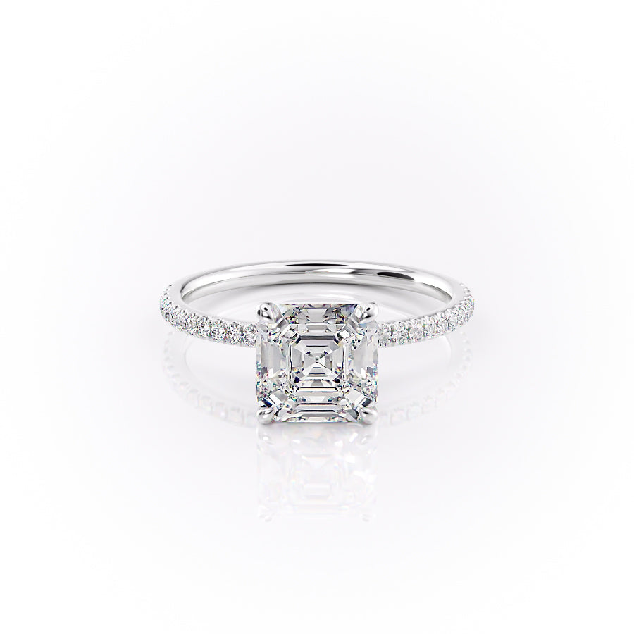 The Pave Nelly. A White Gold Hidden Halo Engagement Ring Set With A 2ct Asscher Lab Grown Diamond. White Background.