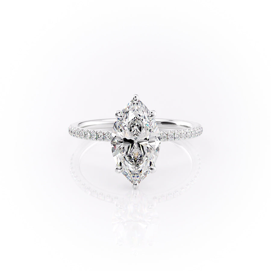 The Pave Nelly. A White Gold Hidden Halo Engagement Ring Set With A 2ct Marquise Lab Grown Diamond. White Background.