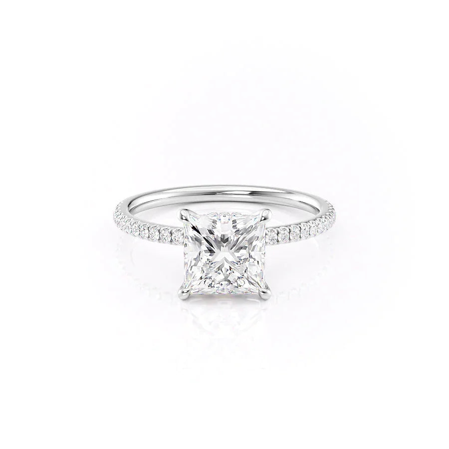 The Pave Nelly. A White Gold Hidden Halo Engagement Ring Set With A 2ct Princess Lab Grown Diamond. White Background.