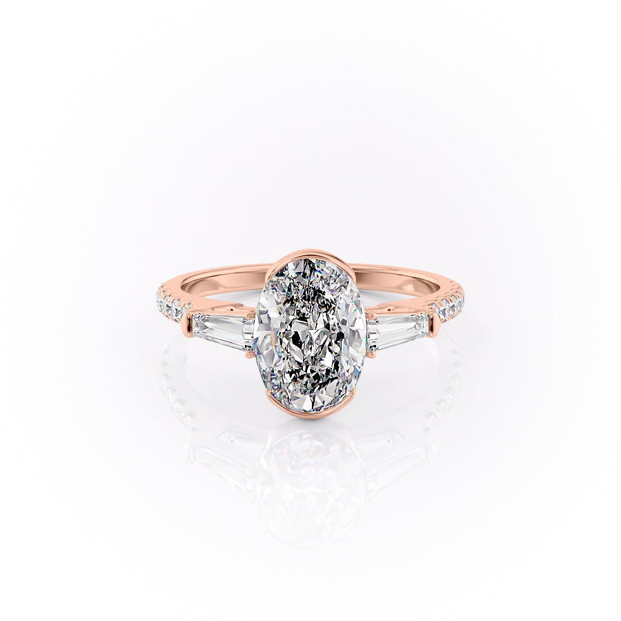 The Pave Parker. A Rose Gold Three Stone, Bezel Engagement Ring Set With A 2ct Oval Lab Grown Diamond. White Background.