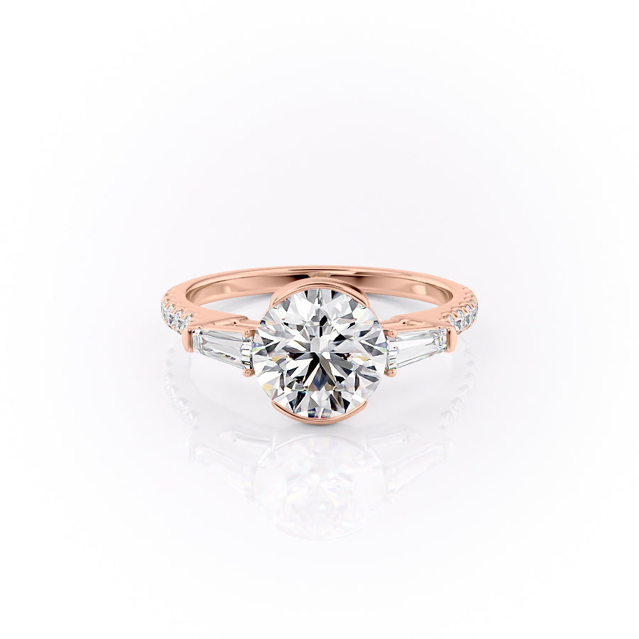 The Pave Parker. A Rose Gold Three Stone, Bezel Engagement Ring Set With A 2ct Round Lab Grown Diamond. White Background.
