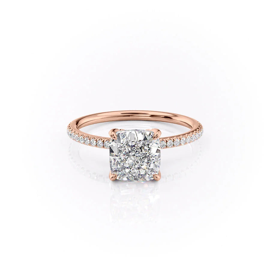 The Pave Petal Kamellie. A Rose Gold Nature Engagement Ring Set With A 2ct Cushion Lab Grown Diamond. White Background.