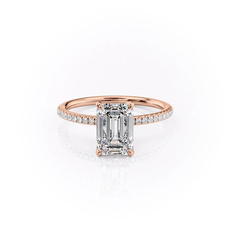 The Pave Petal Kamellie. A Rose Gold Nature Engagement Ring Set With A 2ct Emerald Lab Grown Diamond. White Background.