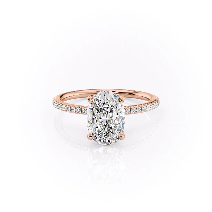 The Pave Petal Kamellie. A Rose Gold Nature Engagement Ring Set With A 2ct Oval Lab Grown Diamond. White Background.