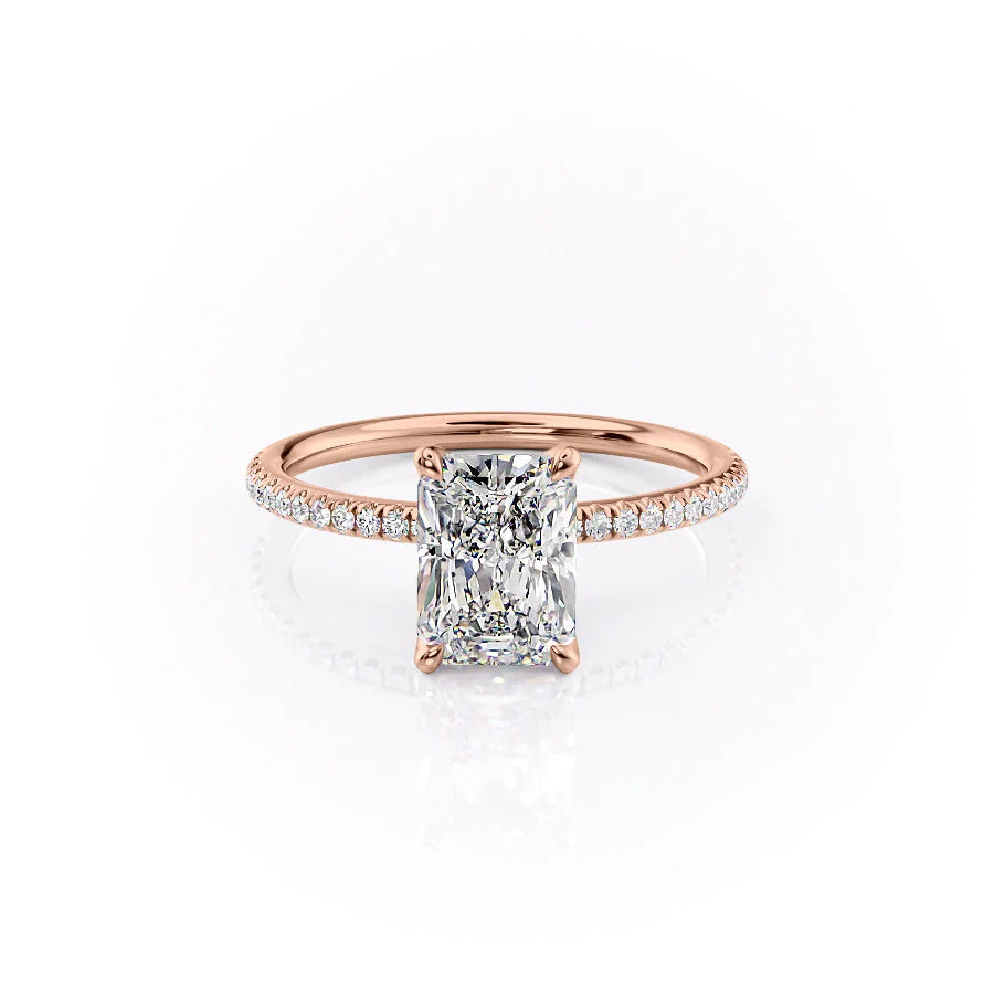 The Pave Petal Kamellie. A Rose Gold Nature Engagement Ring Set With A 2ct Radiant Lab Grown Diamond. White Background.