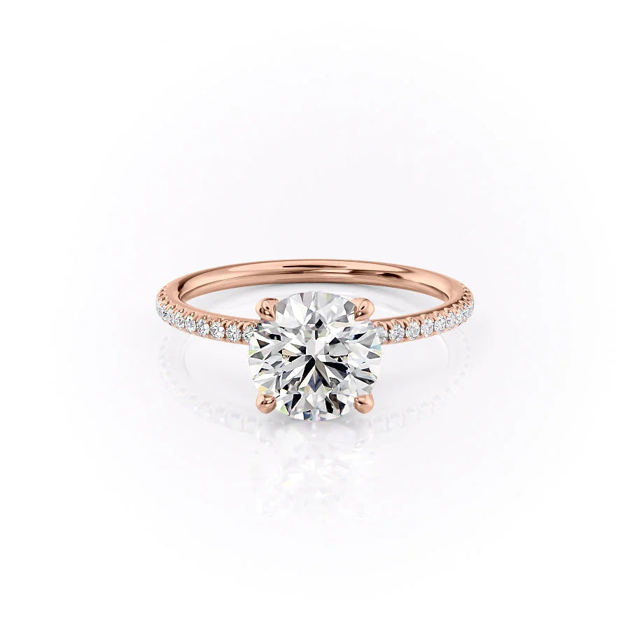 The Pave Petal Kamellie. A Rose Gold Nature Engagement Ring Set With A 2ct Round Lab Grown Diamond. White Background.
