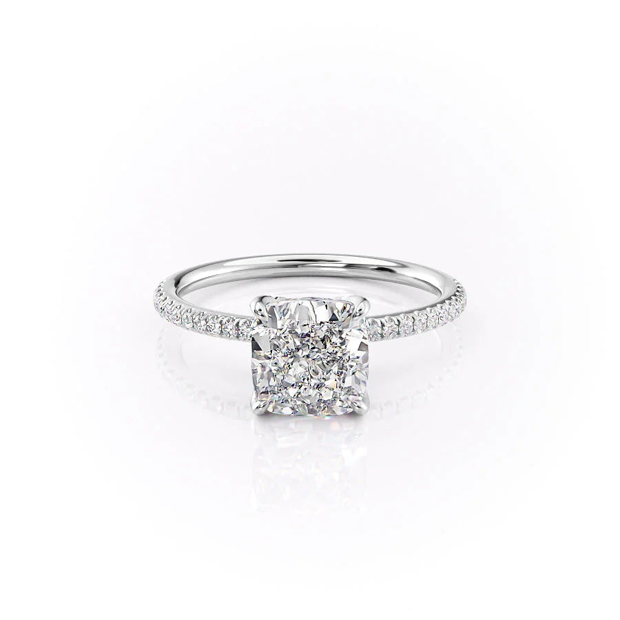 The Pave Petal Kamellie. A White Gold Nature Engagement Ring Set With A 2ct Cushion Lab Grown Diamond. White Background.