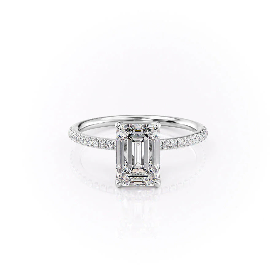 The Pave Petal Kamellie. A White Gold Nature Engagement Ring Set With A 2ct Emerald Lab Grown Diamond. White Background.