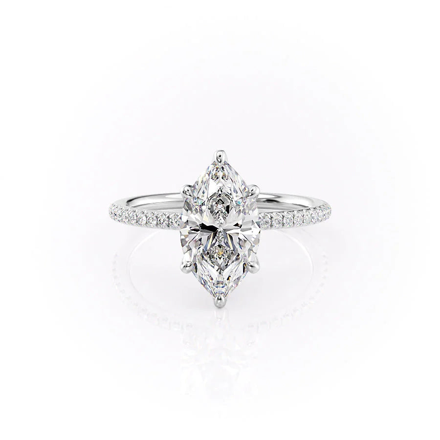The Pave Petal Kamellie. A White Gold Nature Engagement Ring Set With A 2ct Marquise Lab Grown Diamond. White Background.