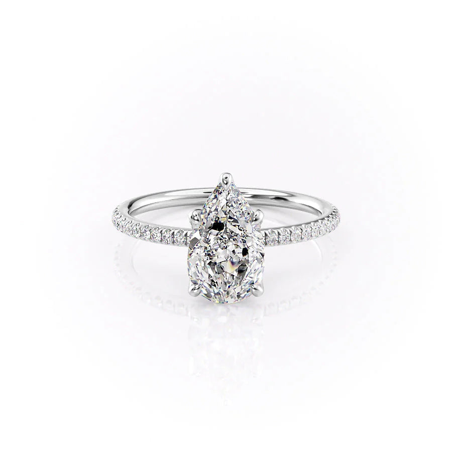 The Pave Petal Kamellie. A White Gold Nature Engagement Ring Set With A 2ct Pear Lab Grown Diamond. White Background.