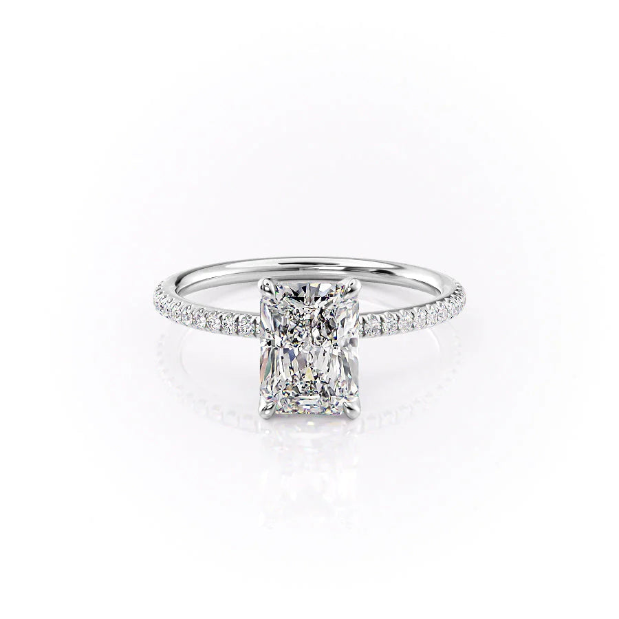 The Pave Petal Kamellie. A White Gold Nature Engagement Ring Set With A 2ct Radiant Lab Grown Diamond. White Background.