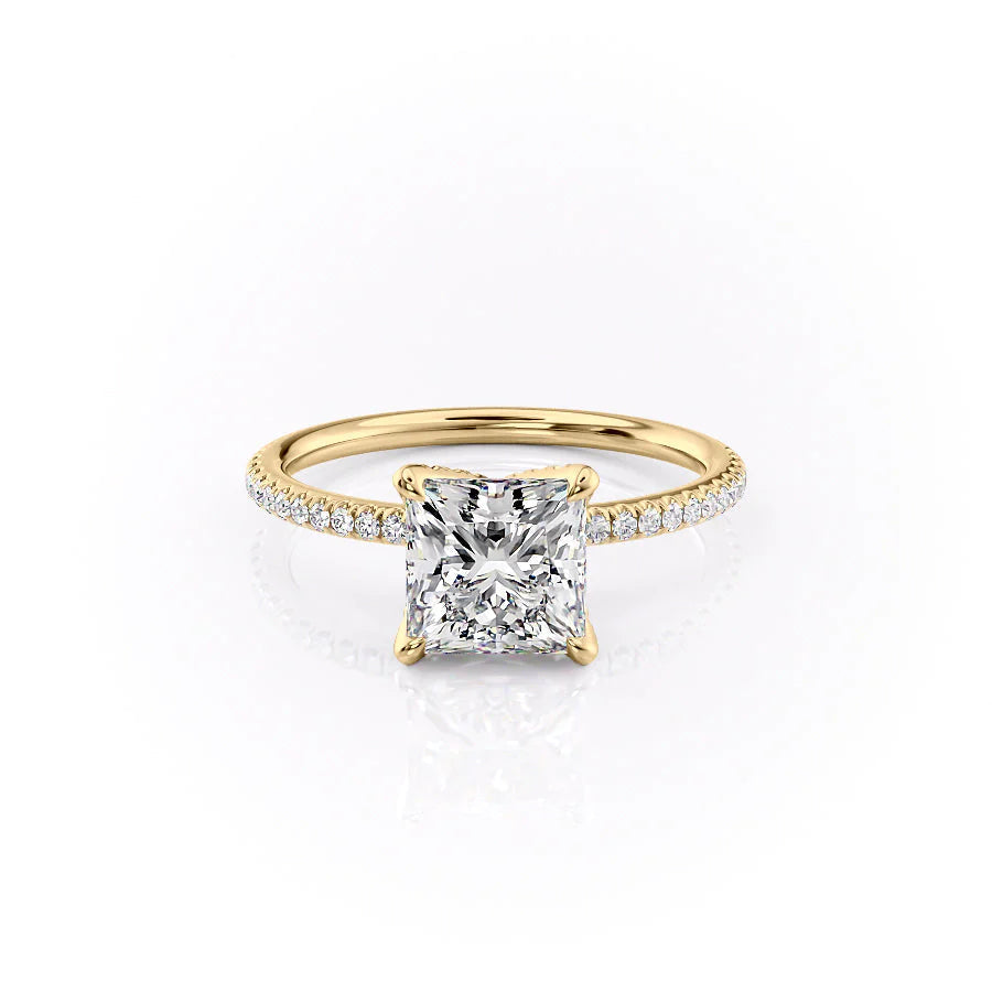 The Pave Petal Kamellie. A Yellow Gold Nature Engagement Ring Set With A 2ct Princess Lab Grown Diamond. White Background.