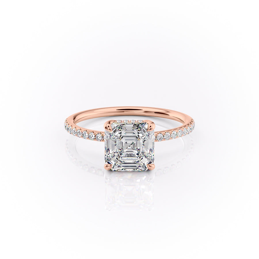 The Pave Sarah. A Rose Gold Hidden Halo Engagement Ring Set With A 2ct Asscher Lab Grown Diamond. White Background.