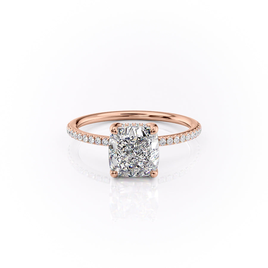 The Pave Sarah. A Rose Gold Hidden Halo Engagement Ring Set With A 2ct Cushion Lab Grown Diamond. White Background.