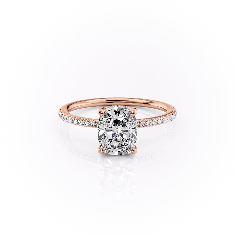 The Pave Sarah. A Rose Gold Hidden Halo Engagement Ring Set With A 2ct Elongated Cushion Lab Grown Diamond. White Background.