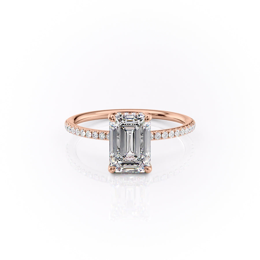 The Pave Sarah. A Rose Gold Hidden Halo Engagement Ring Set With A 2ct Emerald Lab Grown Diamond. White Background.