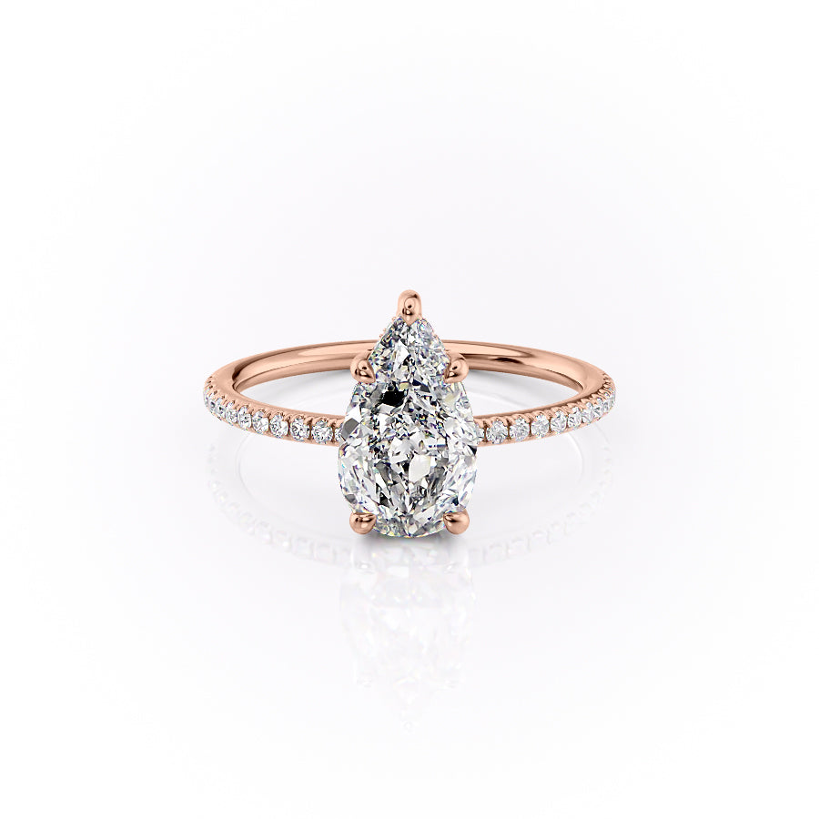 The Pave Sarah. A Rose Gold Hidden Halo Engagement Ring Set With A 2ct Pear Lab Grown Diamond. White Background.
