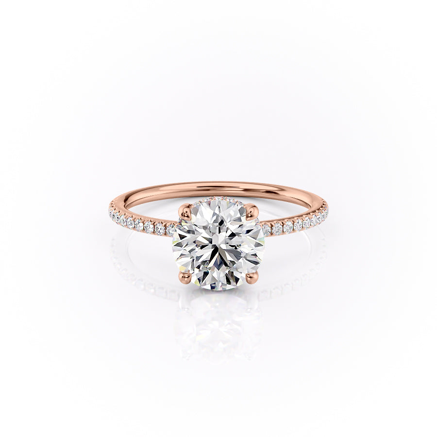 The Pave Sarah. A Rose Gold Hidden Halo Engagement Ring Set With A 2ct Round Lab Grown Diamond. White Background.