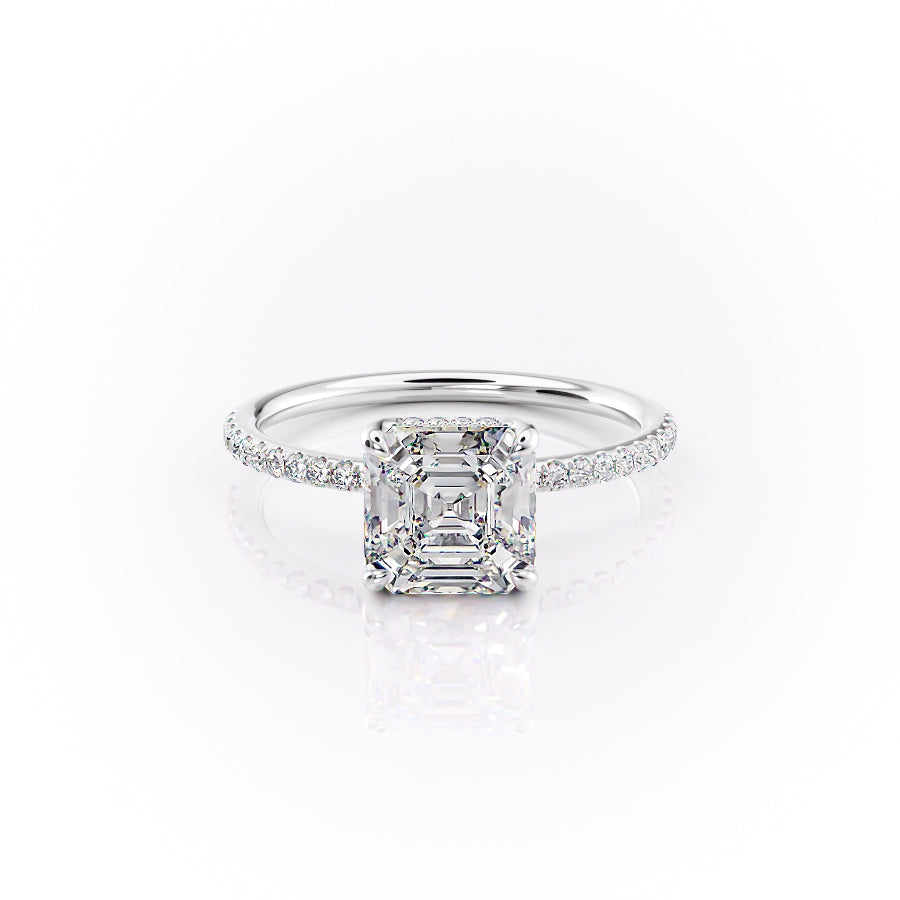 The Pave Sarah. A White Gold Hidden Halo Engagement Ring Set With A 2ct Asscher Lab Grown Diamond. White Background.