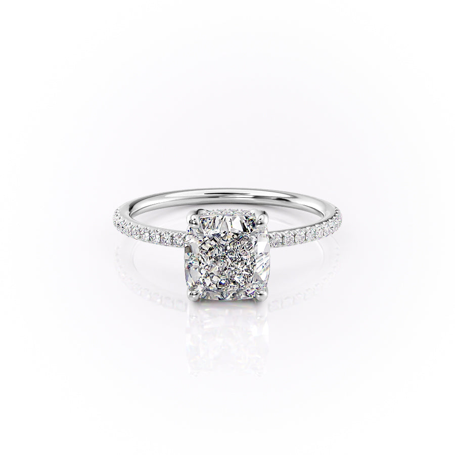 The Pave Sarah. A White Gold Hidden Halo Engagement Ring Set With A 2ct Cushion Lab Grown Diamond. White Background.