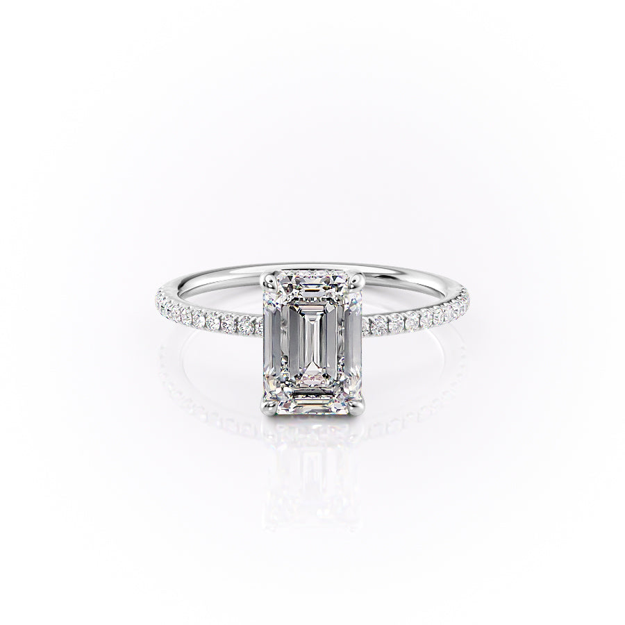 The Pave Sarah. A White Gold Hidden Halo Engagement Ring Set With A 2ct Emerald Lab Grown Diamond. White Background.