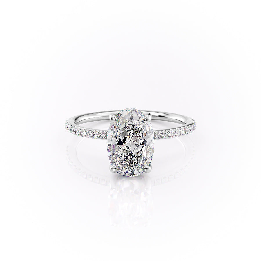 The Pave Sarah. A White Gold Hidden Halo Engagement Ring Set With A 2ct Oval Lab Grown Diamond. White Background.
