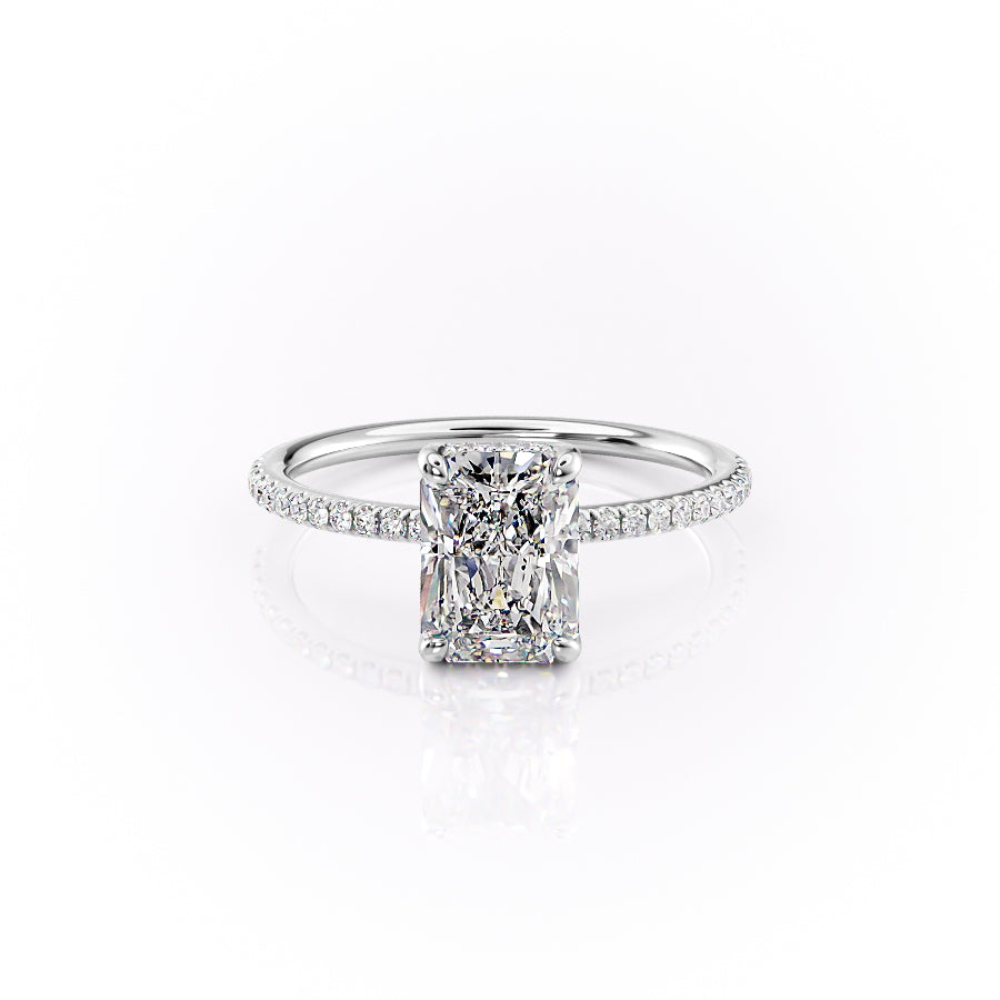 The Pave Sarah. A White Gold Hidden Halo Engagement Ring Set With A 2ct Radiant Lab Grown Diamond. White Background.