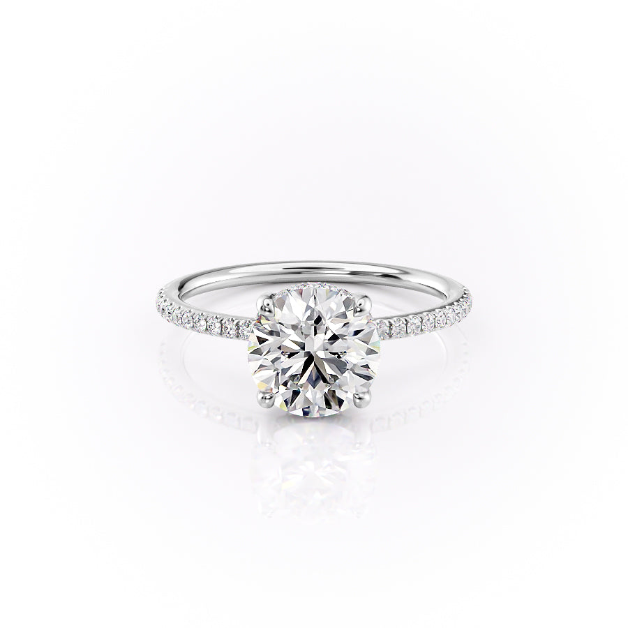 The Pave Sarah. A White Gold Hidden Halo Engagement Ring Set With A 2ct Round Lab Grown Diamond. White Background.