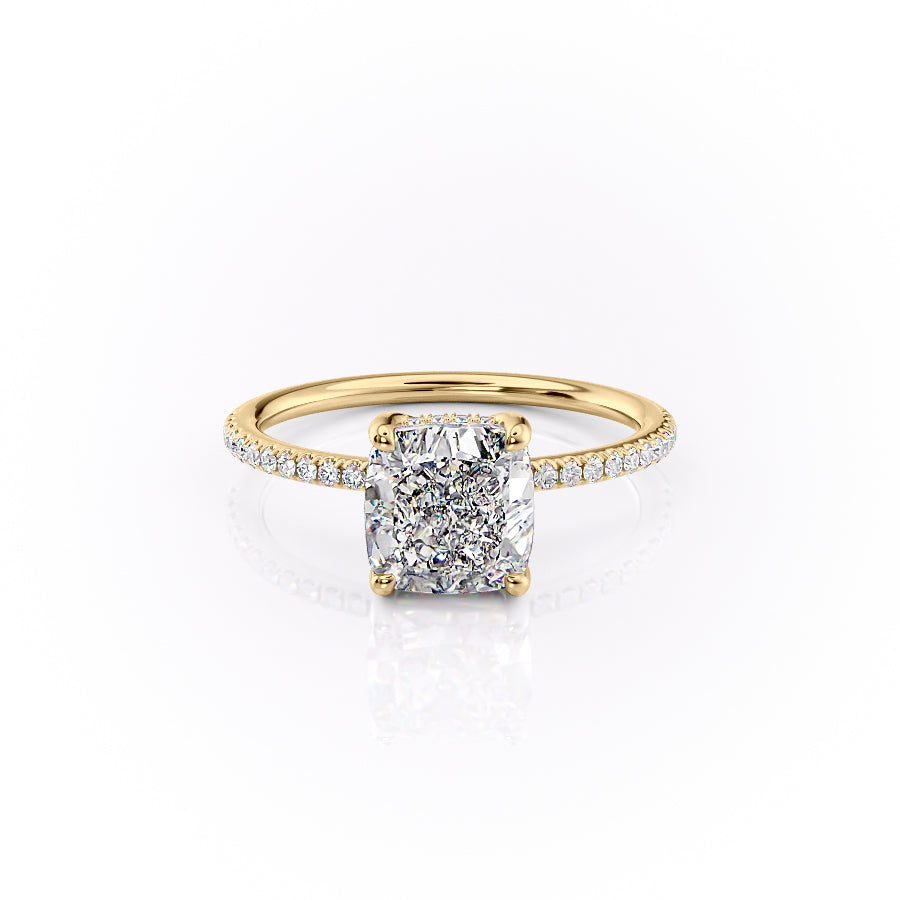 The Pave Sarah. A Yellow Gold Hidden Halo Engagement Ring Set With A 2ct Cushion Lab Grown Diamond. White Background.