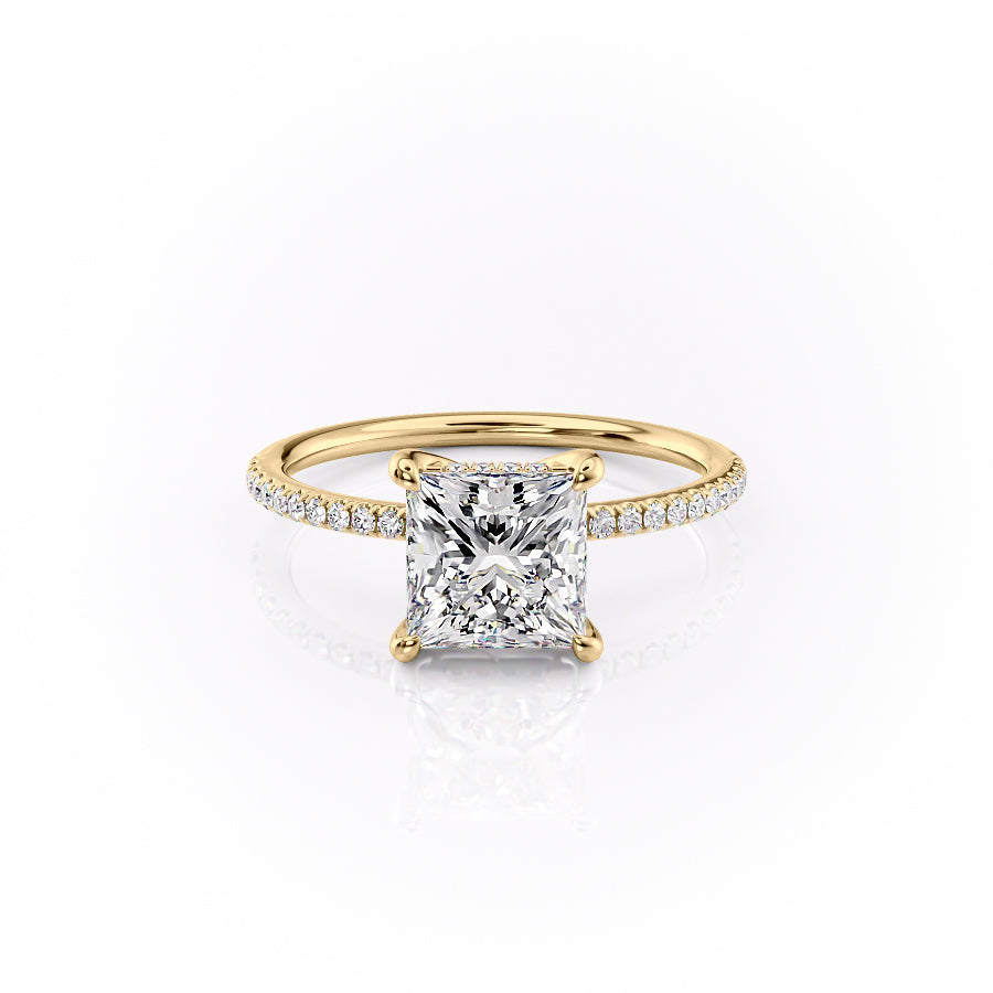The Pave Sarah. A Yellow Gold Hidden Halo Engagement Ring Set With A 2ct Princess Lab Grown Diamond. White Background.
