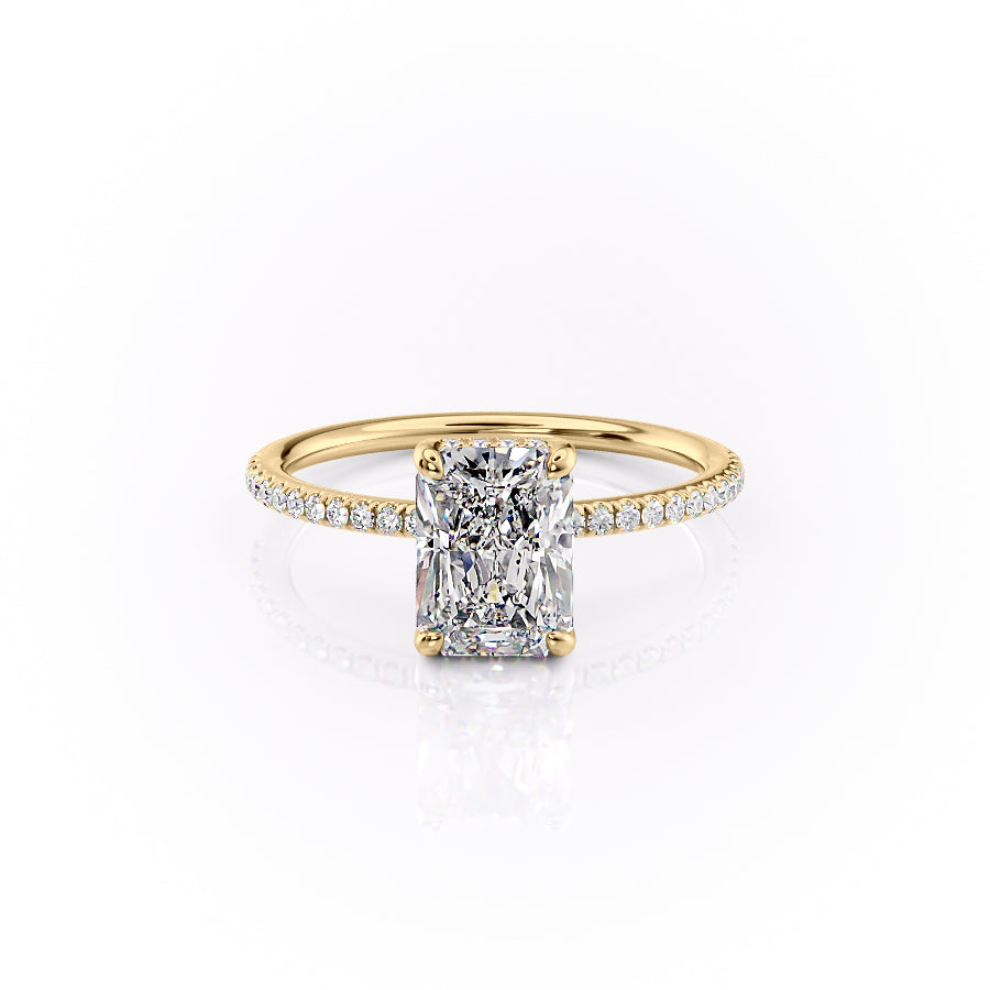 The Pave Sarah. A Yellow Gold Hidden Halo Engagement Ring Set With A 2ct Radiant Lab Grown Diamond. White Background.
