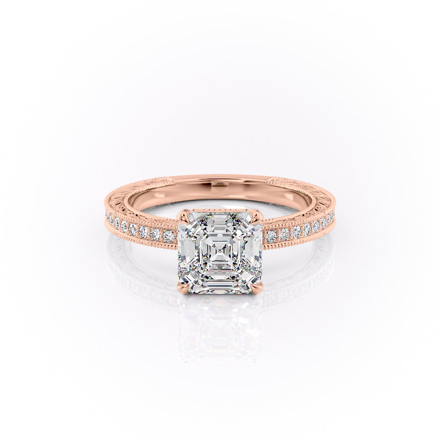 The Pave Sierra. A Rose Gold Vintage Engagement Ring Set With A 2ct Asscher Lab Grown Diamond. White Background.