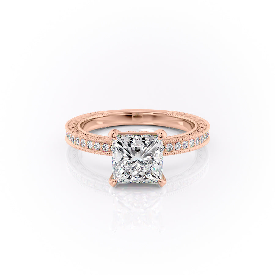 The Pave Sierra. A Rose Gold Vintage Engagement Ring Set With A 2ct Princess Lab Grown Diamond. White Background.