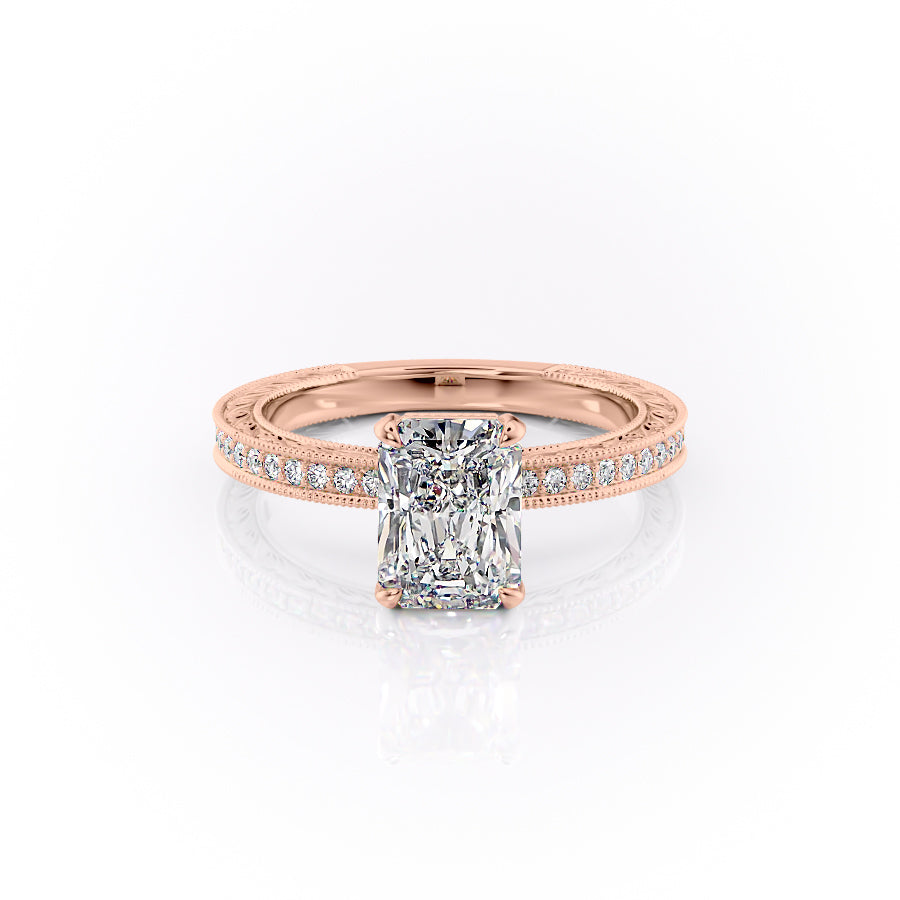 The Pave Sierra. A Rose Gold Vintage Engagement Ring Set With A 2ct Radiant Lab Grown Diamond. White Background.
