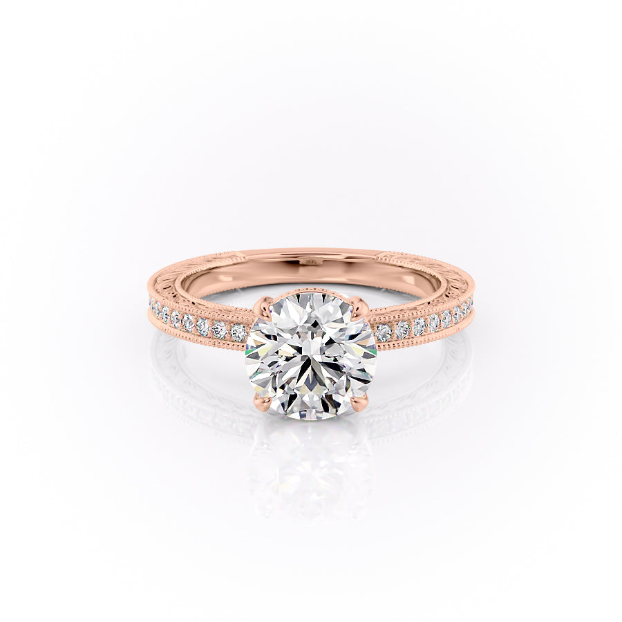 The Pave Sierra. A Rose Gold Vintage Engagement Ring Set With A 2ct Round Lab Grown Diamond. White Background.