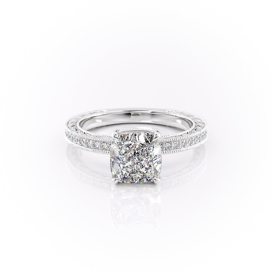 The Pave Sierra. A White Gold Vintage Engagement Ring Set With A 2ct Cushion Lab Grown Diamond. White Background.