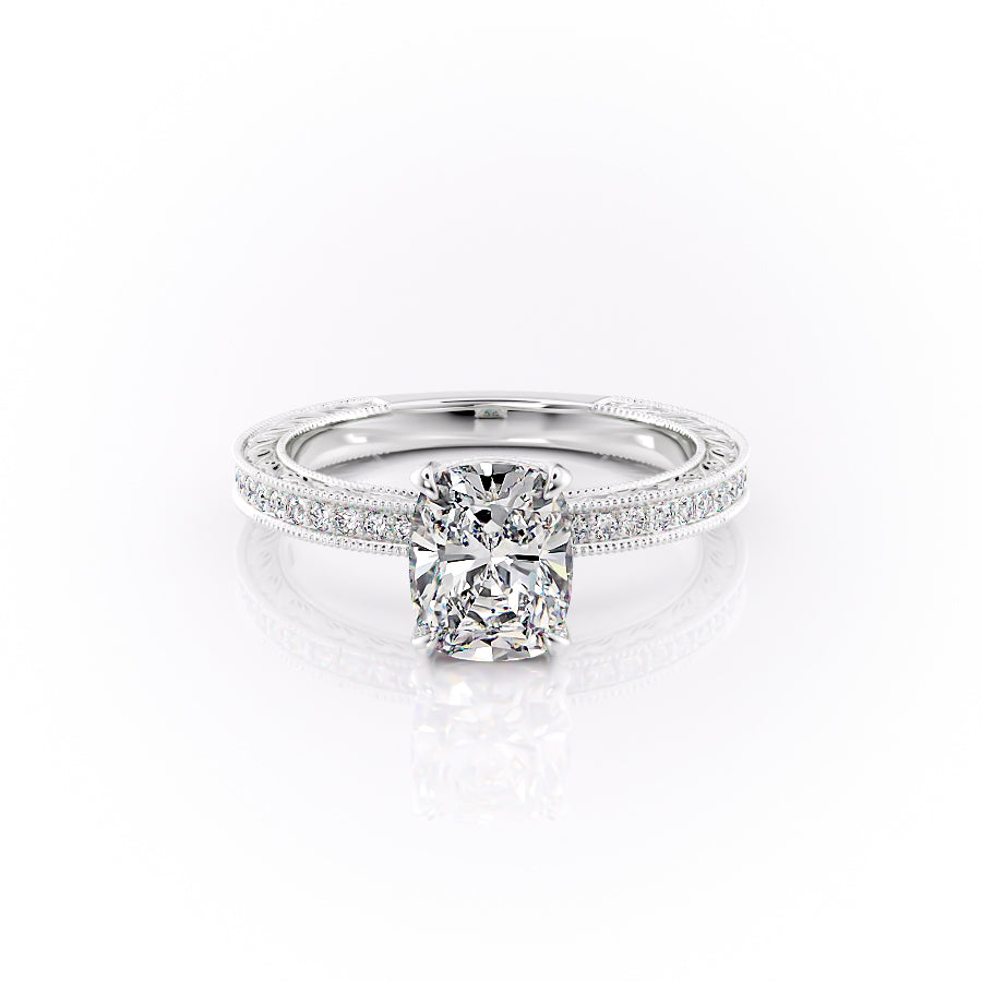 The Pave Sierra. A White Gold Vintage Engagement Ring Set With A 2ct Elongated Cushion Lab Grown Diamond. White Background.