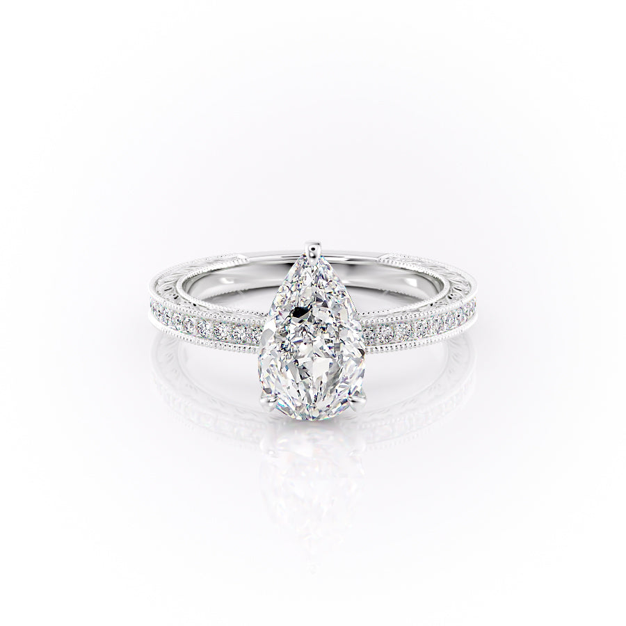 The Pave Sierra. A White Gold Vintage Engagement Ring Set With A 2ct Pear Lab Grown Diamond. White Background.