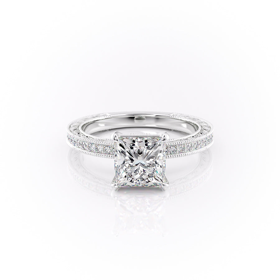 The Pave Sierra. A White Gold Vintage Engagement Ring Set With A 2ct Princess Lab Grown Diamond. White Background.