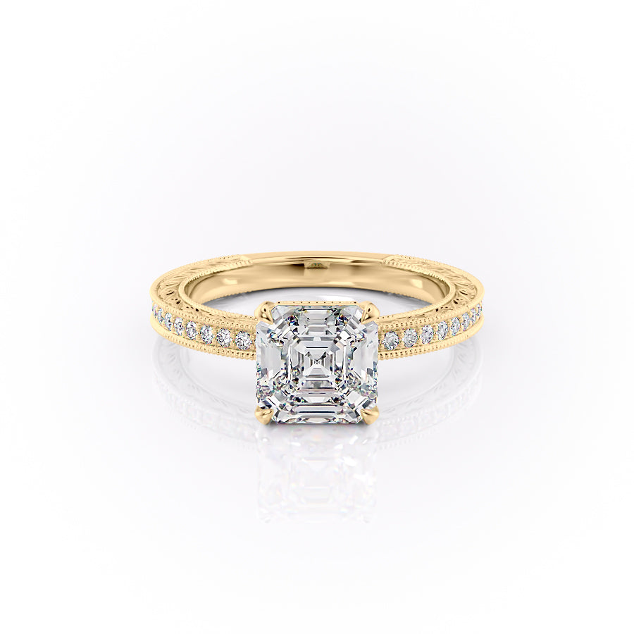 The Pave Sierra. A Yellow Gold Vintage Engagement Ring Set With A 2ct Asscher Lab Grown Diamond. White Background.