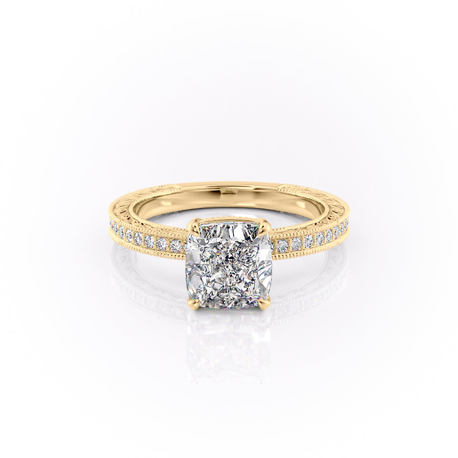 The Pave Sierra. A Yellow Gold Vintage Engagement Ring Set With A 2ct Cushion Lab Grown Diamond. White Background.