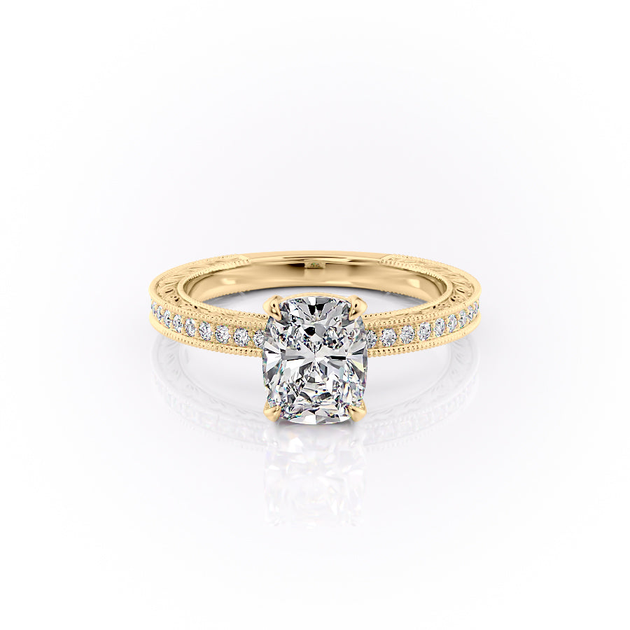 The Pave Sierra. A Yellow Gold Vintage Engagement Ring Set With A 2ct Elongated Cushion Lab Grown Diamond. White Background.