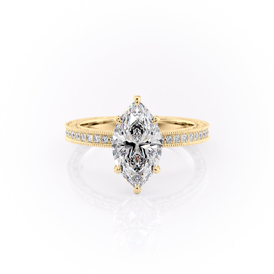 The Pave Sierra. A Yellow Gold Vintage Engagement Ring Set With A 2ct Marquise Lab Grown Diamond. White Background.